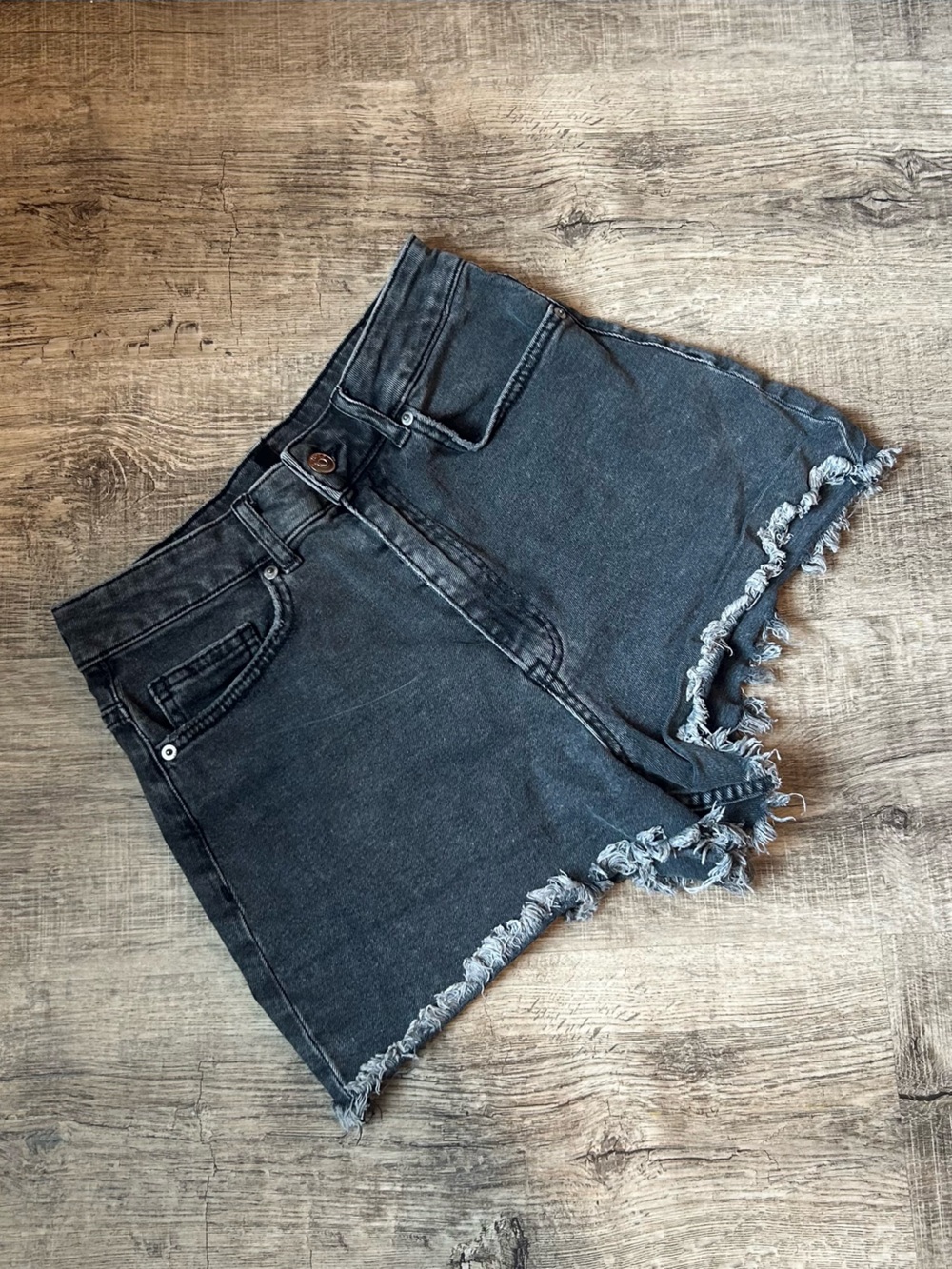 H&M Black Washed Frayed Hem Denim Shorts